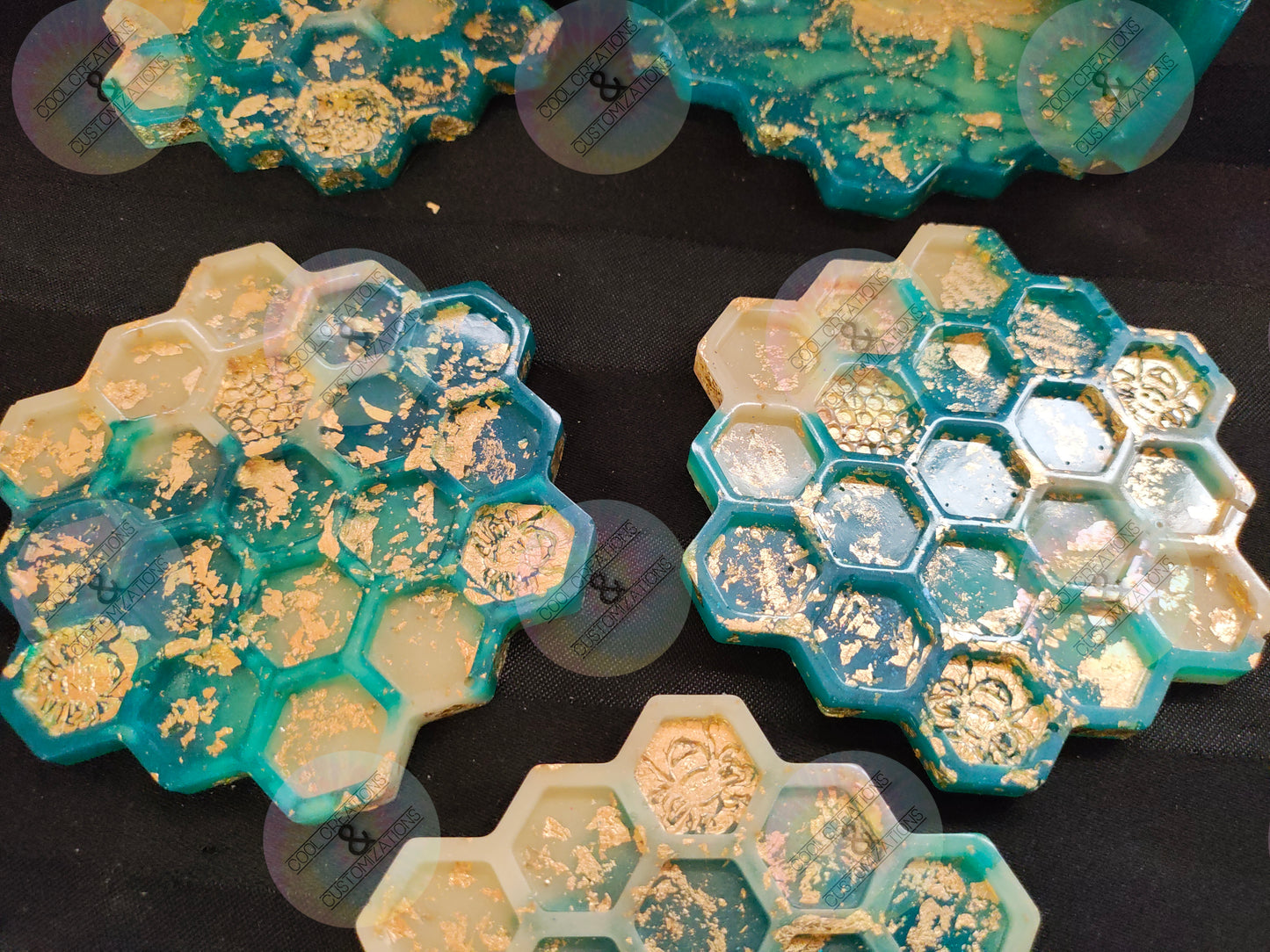 Teal, white & gold flaked honeycomb coaster set with holder