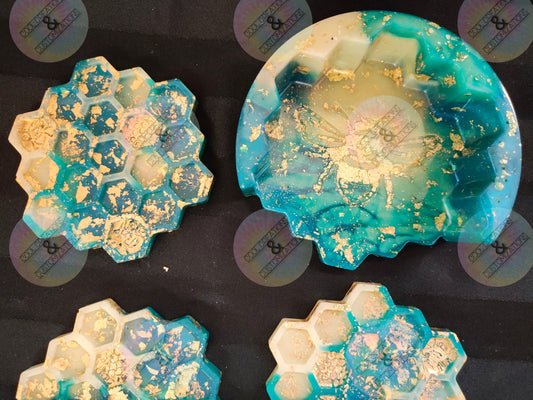 Teal, white & gold flaked honeycomb coaster set with holder