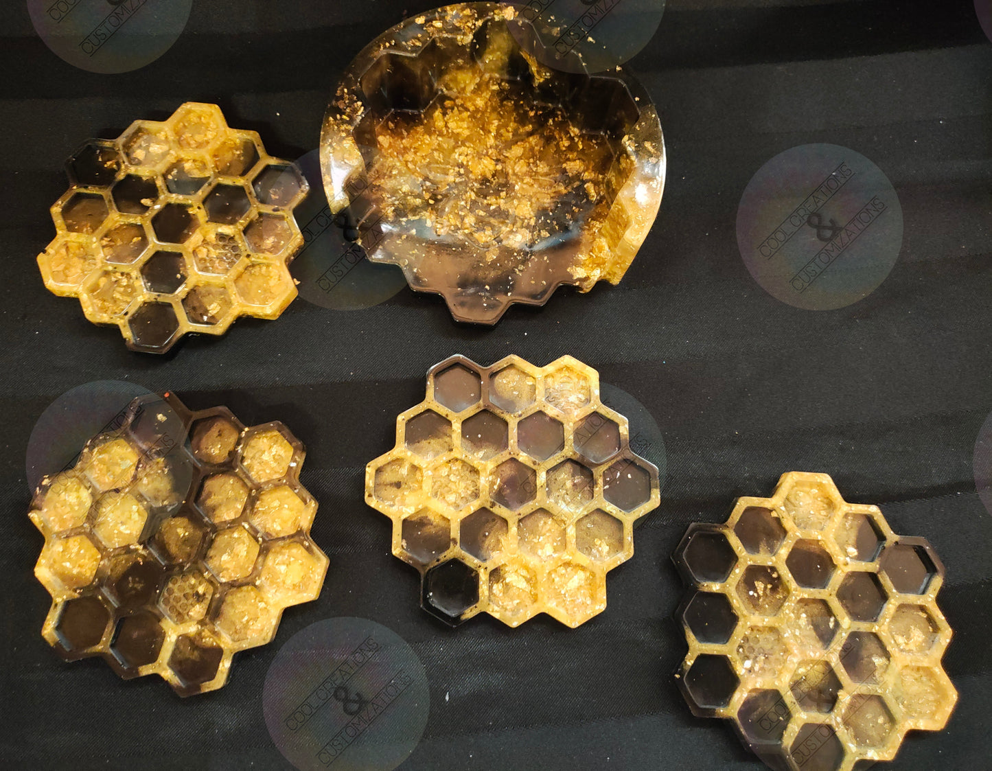 Black & Gold flaked honeycomb coaster set with holder
