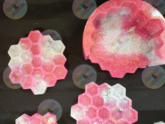 Pink & white glitter with silver flakes honeycomb coaster set with holder