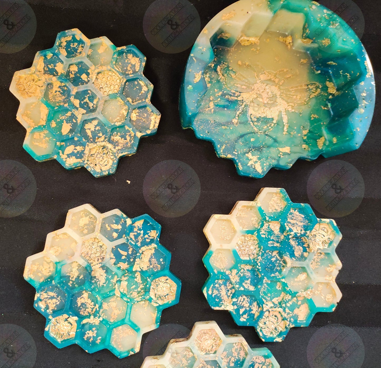 Teal, white & gold flaked honeycomb coaster set with holder