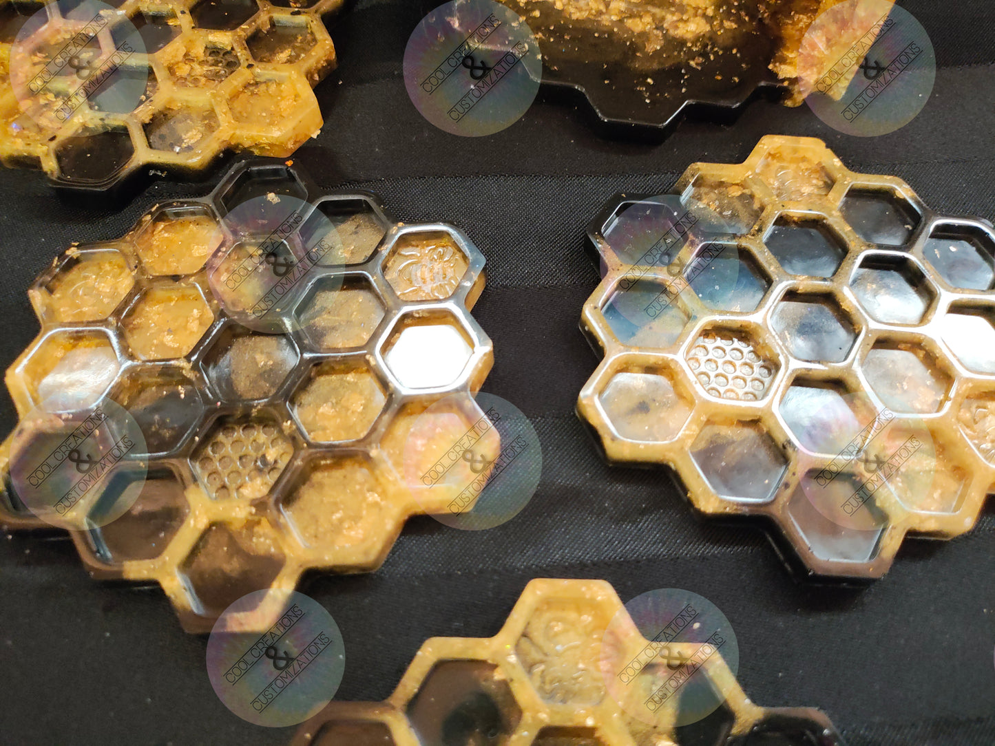 Black & Gold flaked honeycomb coaster set with holder