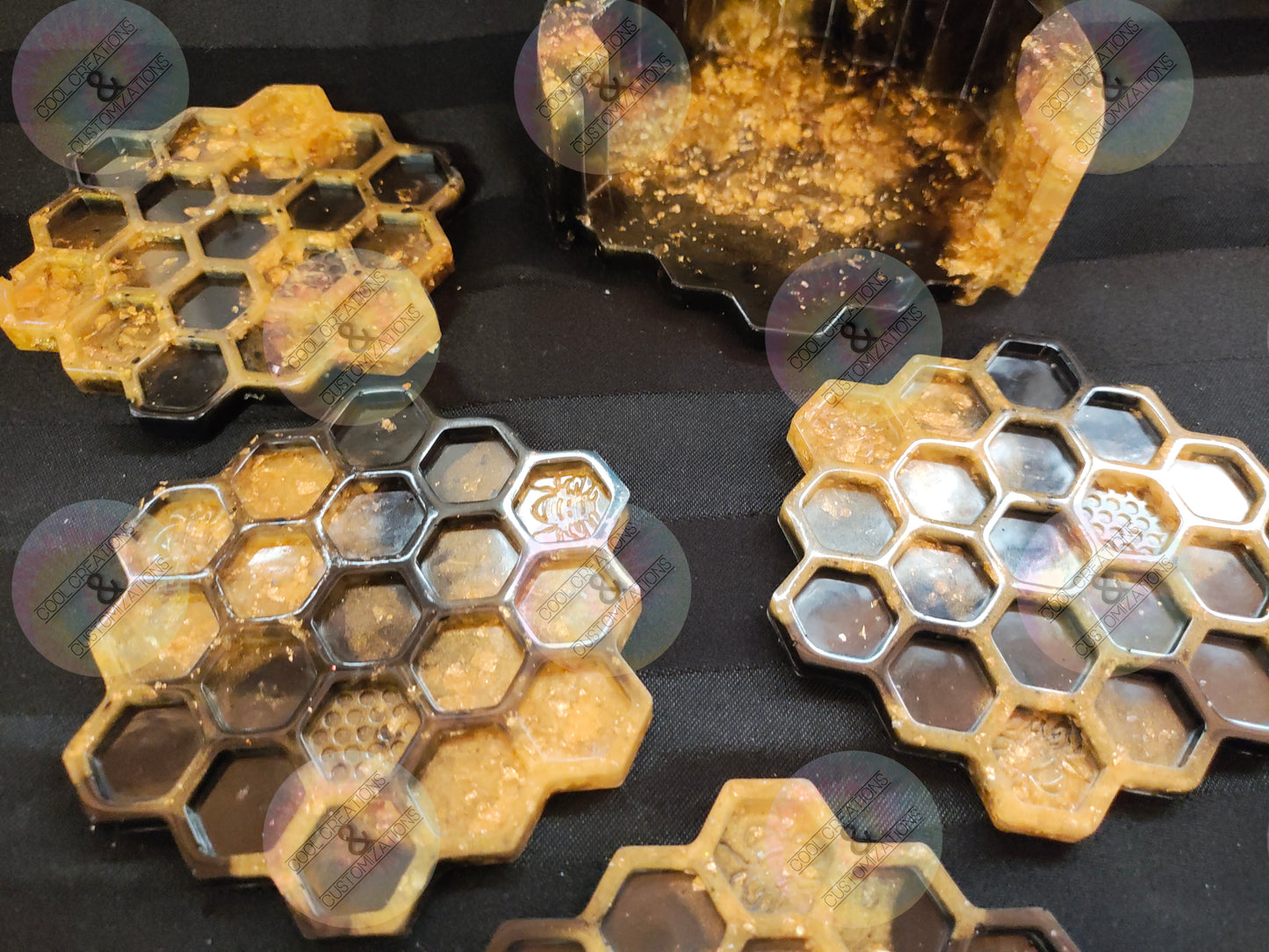 Black & Gold flaked honeycomb coaster set with holder