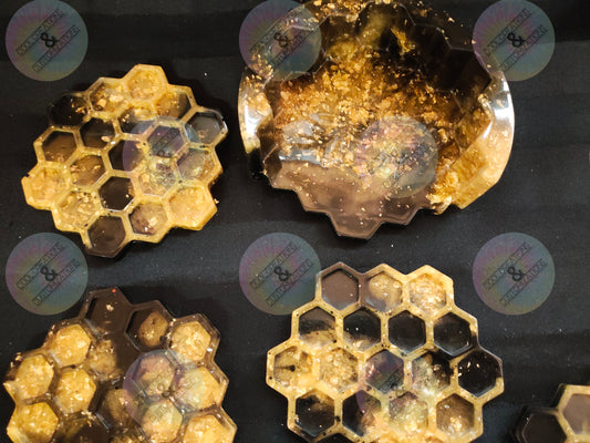 Black & Gold flaked honeycomb coaster set with holder