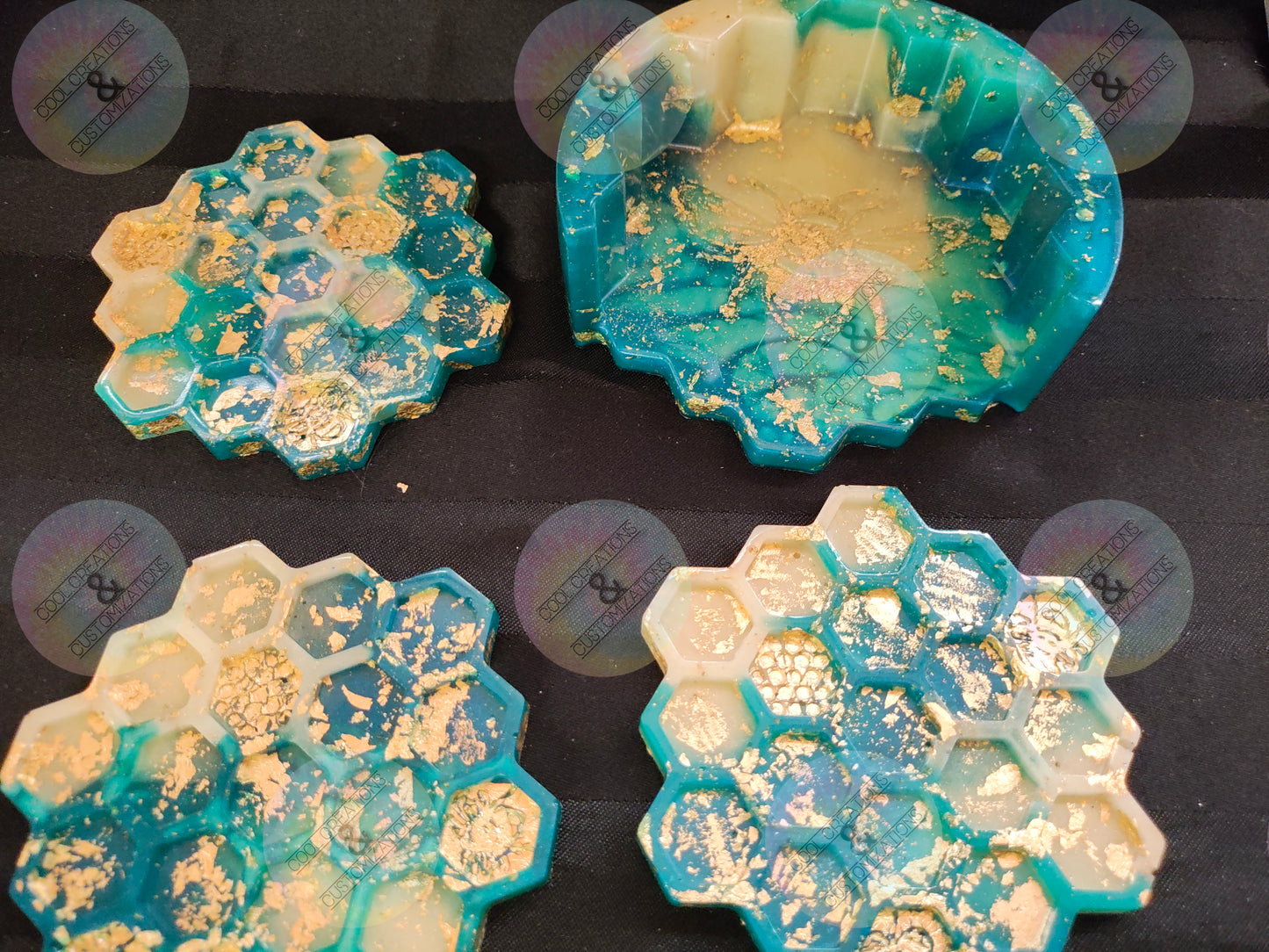 Teal, white & gold flaked honeycomb coaster set with holder