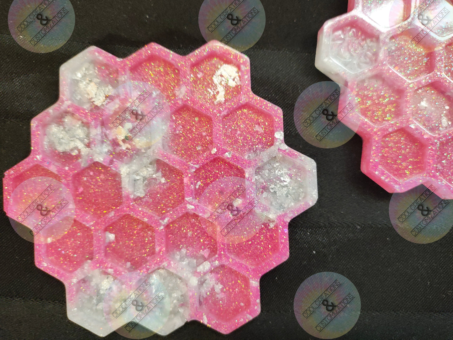Pink & white glitter with silver flakes honeycomb coaster set with holder