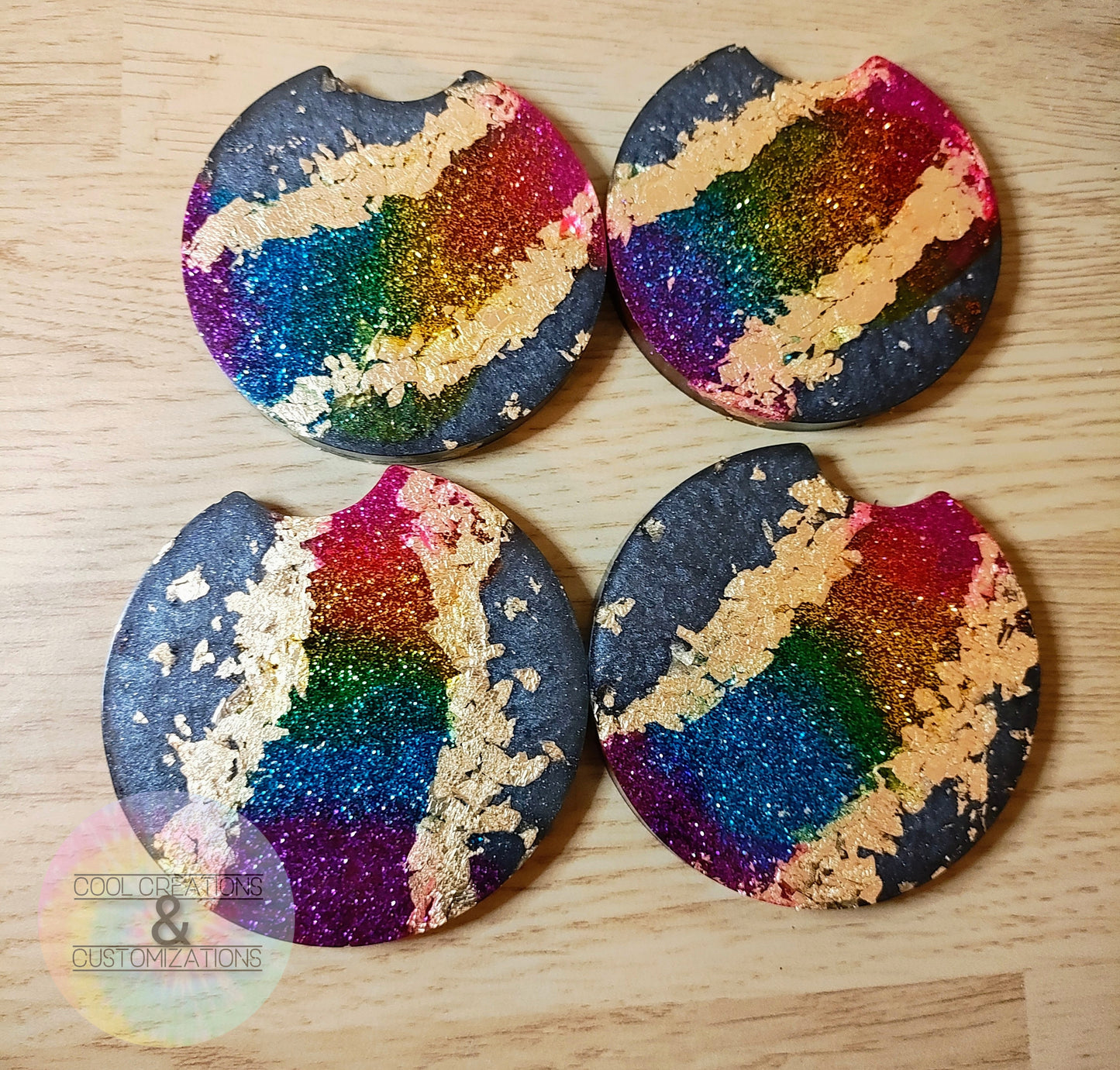 Black & Rainbow Geode Car Coasters