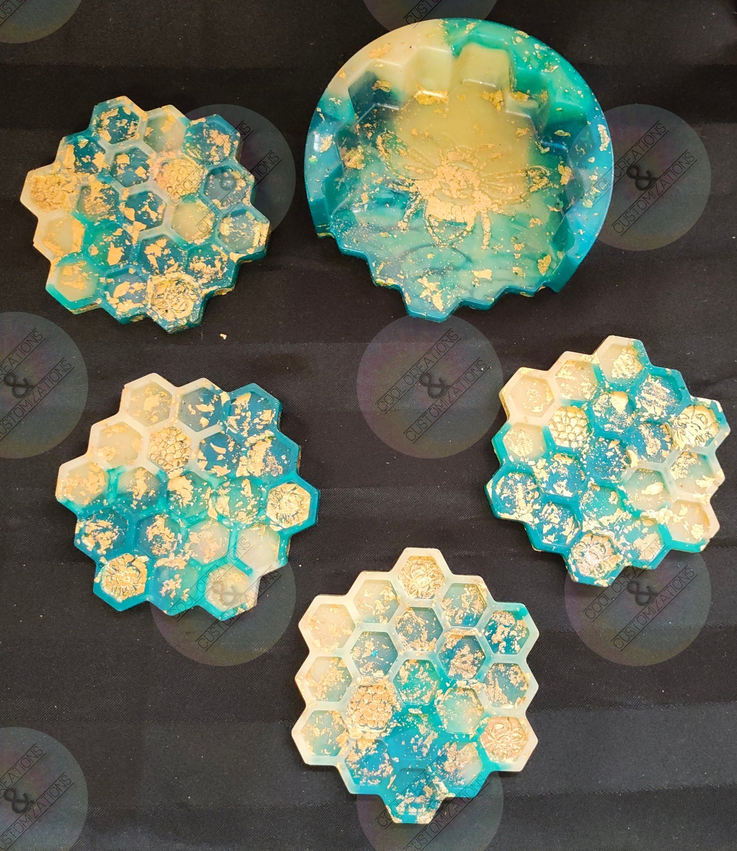 Teal, white & gold flaked honeycomb coaster set with holder