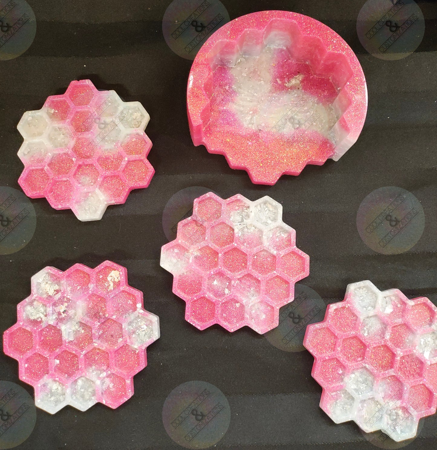 Pink & white glitter with silver flakes honeycomb coaster set with holder
