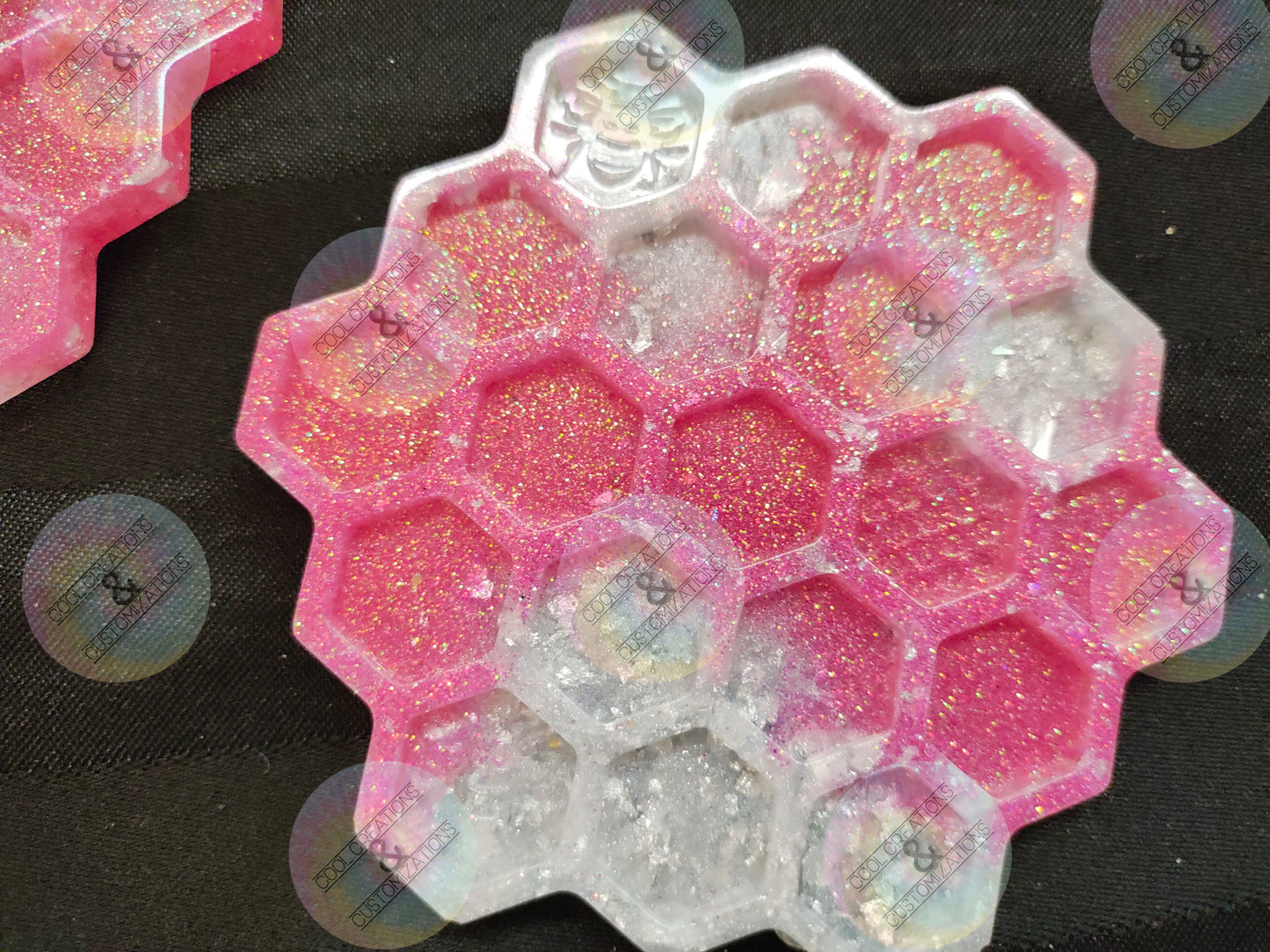 Pink & white glitter with silver flakes honeycomb coaster set with holder